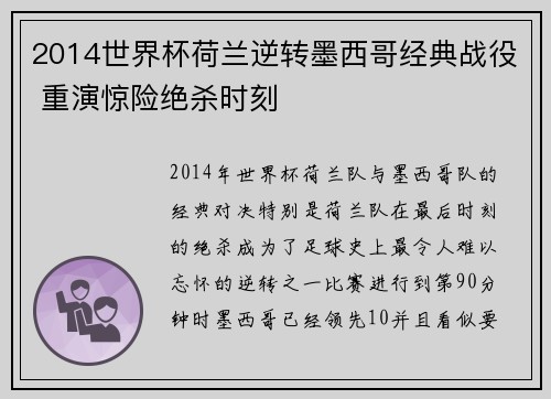 2014世界杯荷兰逆转墨西哥经典战役 重演惊险绝杀时刻