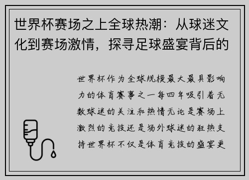 世界杯赛场之上全球热潮：从球迷文化到赛场激情，探寻足球盛宴背后的精彩故事