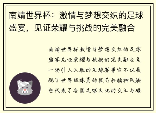 南靖世界杯：激情与梦想交织的足球盛宴，见证荣耀与挑战的完美融合
