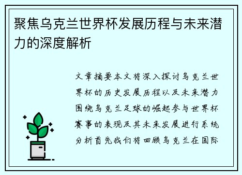 聚焦乌克兰世界杯发展历程与未来潜力的深度解析